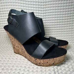 Corkys Elite Black Leather Cork Wedge Sandals Women's Ankle Strap Buckle‎ 9.6